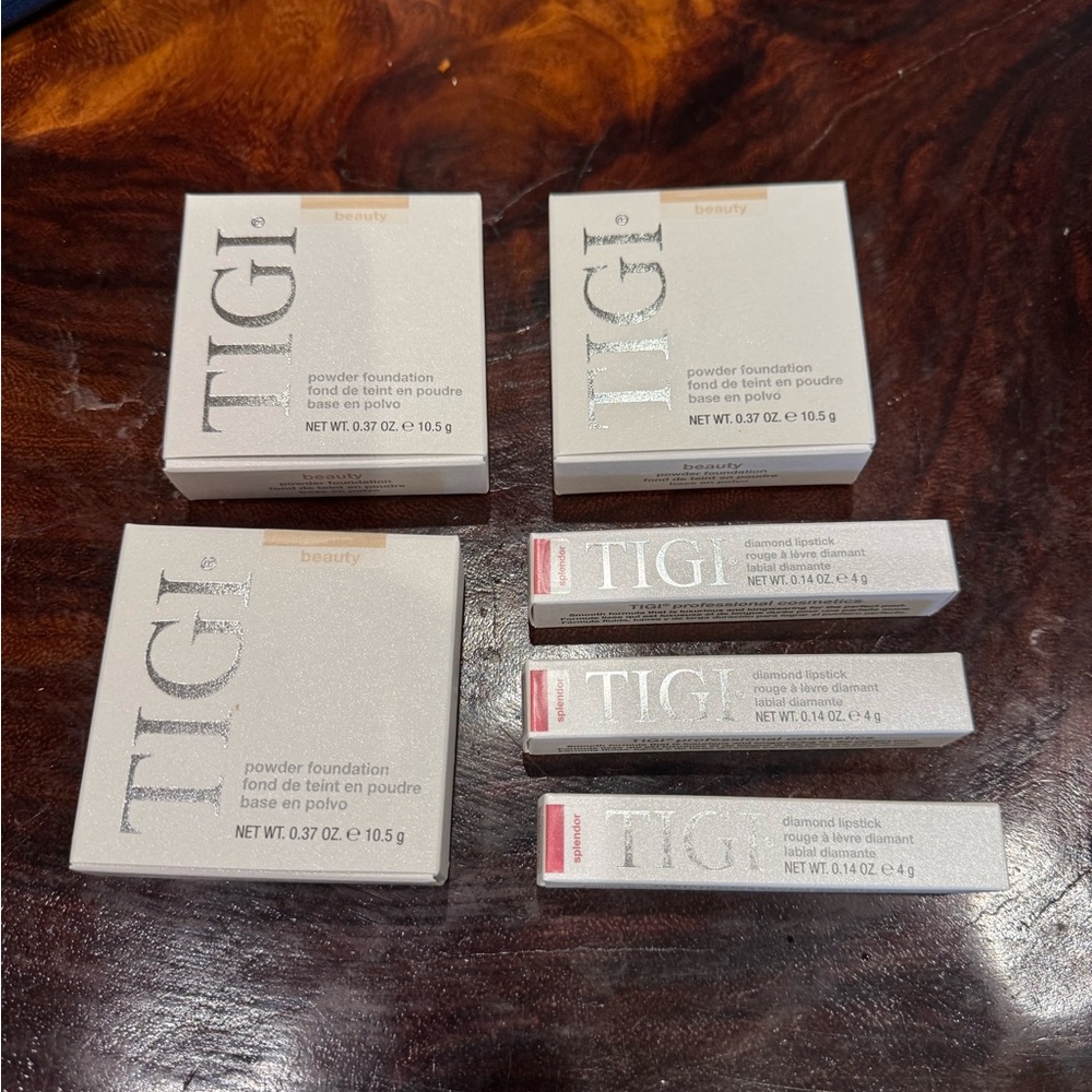 TIGI Beauty Powder Foundation and lipstick.